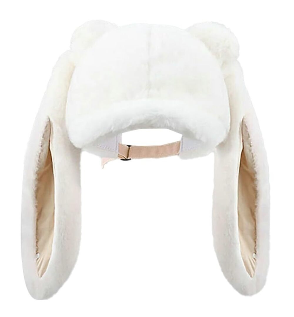 1634 Bunny Beanie Hat Plush Visor Skull Cap Winter Warm Detachable Long